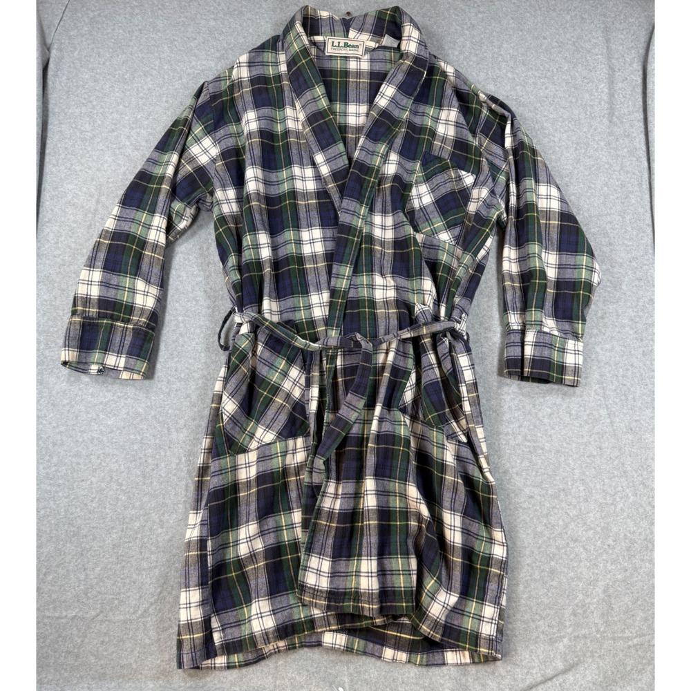 LL Bean Large Flannel Robe Plaid Cotton Green Navy Blue Loungewear